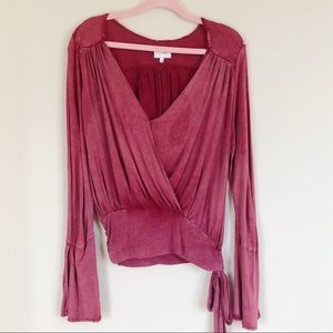 Anthropologie Deletta Wine Burgundy Knit Wrap Long Sleeve Top Distressed